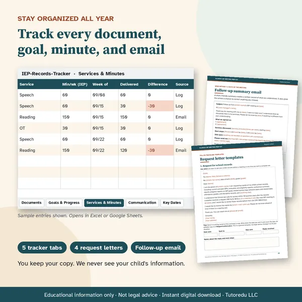 Illinois Edition tracker and letters: the Services and Minutes tab with sample entries, the follow-up summary email page, and the request letter templates page.